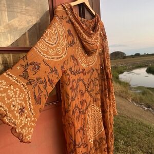 Azmina Pure Silk Hooded Jacket Size XL Bronze Bohemian Beaded Sheer Sequins